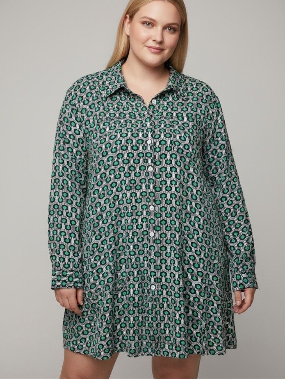 70s Style Geometric Pattern Button-Up Shirt Dress in Teal and Black